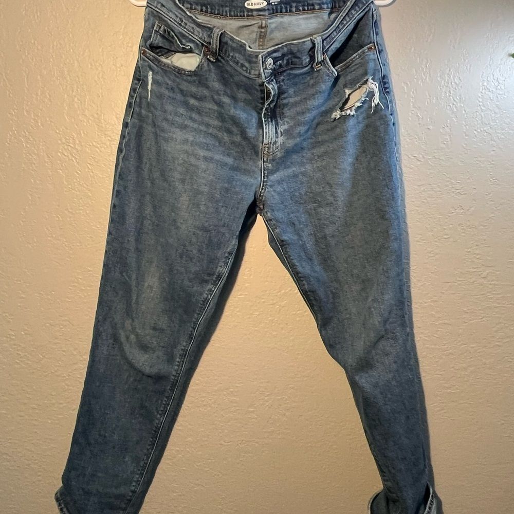 Old Navy Blue Ankle Cropped Pants SZ 8 Boyfriend Jeans Mid Rise Ripped Straight
